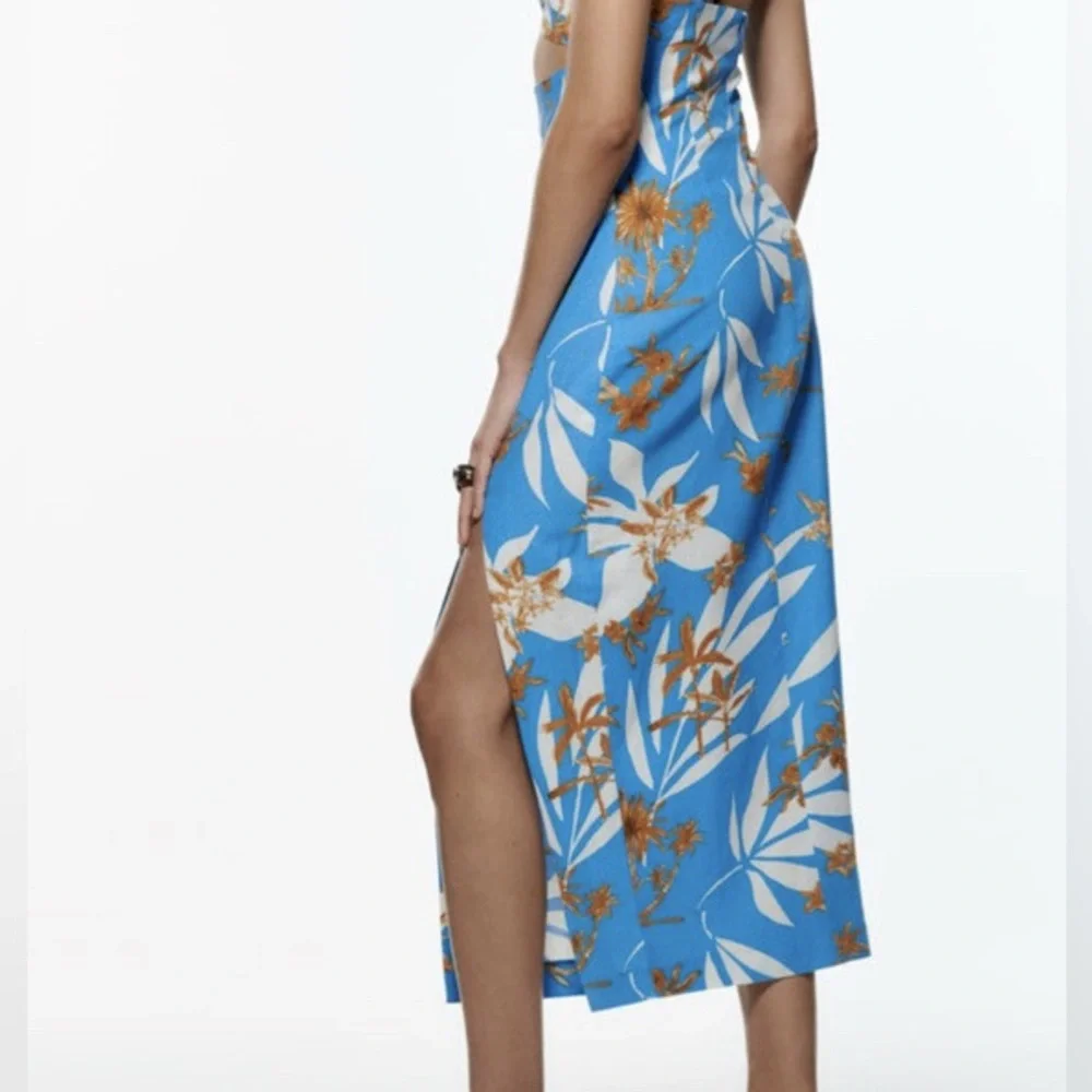 ZARA BLUE LINEN BLEND FLORAL PRINTED MIDI DRESS WITH CUT-OUT DETAIL Sz. XS NEW
